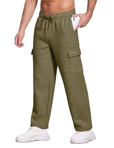 Deyeek Men's Jogger Sweatpants Open Bottom Cargo Sweatpants for Men Baggy Fleece Lined Sweat Pants Thick Cotton Lounge Sweats Olive Green - Thumbnail 4
