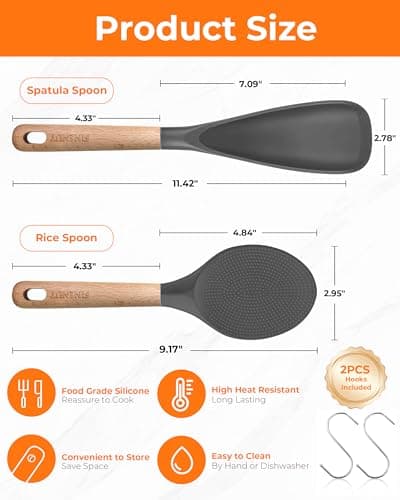 FINENUT Cooking Spoon Multifunction Spoonula Silicone Spatula Spoon 2-Pack, Dual-Use Heat Resistant 446°F, BPA-Free Non-Toxic Wooden Handle Rice Spoon Set for Non-Stick Cookware & Rice Cookers (Gray) - Thumbnail 3