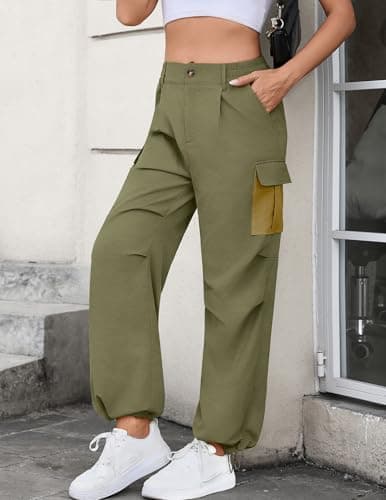 LOOKBOHO Cargo Pants Women 2026 Summer Color Block Pockets Lightweight Travel Drawstring Casual Straight Leg Trousers Army Green Large - Thumbnail 2