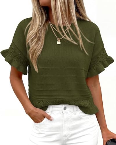 KIRUNDO Short Sleeve Sweater for Women 2026 Spring Summer Tops Crochet Round Neck Ruffled Hem Knit Pullover Casual Blouse(Army Green, XX-Large) - Thumbnail 3