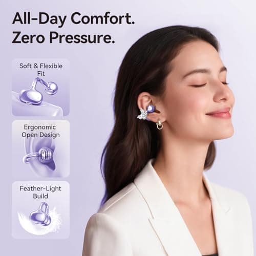 Kinglucky Gen2 Clip-On Earbuds with Butterfly Earrings, Charge & Store Without Removing Earrings, Comfortable Fit & 40H Playtime Bluetooth Open Ear Headphones for Women, Small Ears, Gifts (Purple) - Thumbnail 3