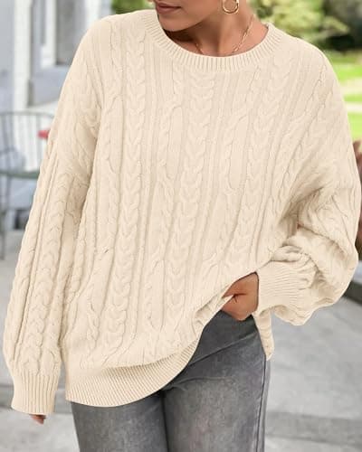 KIRUNDO Oversized Chunky Cable Knit Sweater Women 2026 Fall Fashion Cozy Long Sleeve Crewneck Pullover Winter Clothing(Cream, Medium) - Thumbnail 6