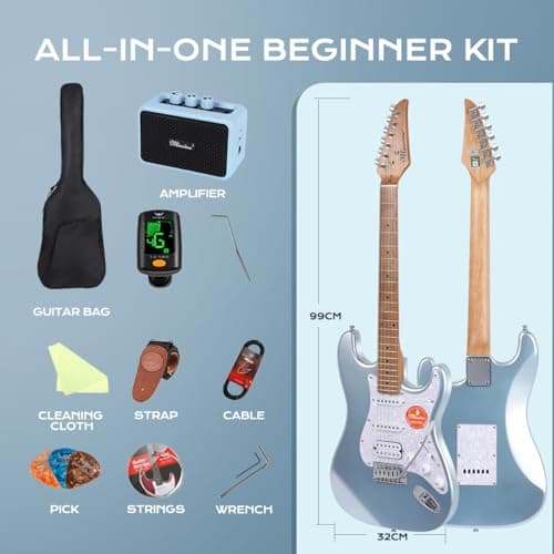 Bullstar Solid Body Electric Guitar Beginner Kit -39in Metal Electric Beginner Guitar Kits for Adults with Guitar Picks, Strap, Strings, Amp, Case, Metallic Finish, Guitarra Electrica(Blue) - Thumbnail 4