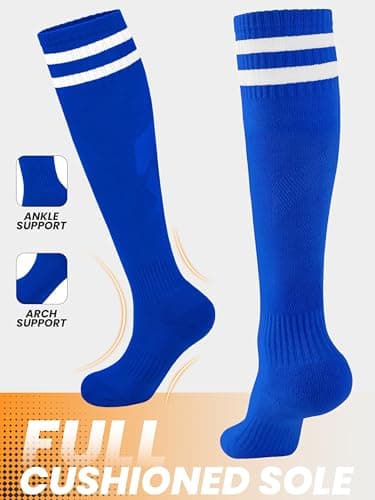 Hryrbay 4 Pairs Kids Cotton Soccer Socks Cushion Striped Baseball Uniform Boys World Cup Sock Toddler Girls Knee High Socks (Black, White, Blue, Green,6-9 Years) - Thumbnail 3