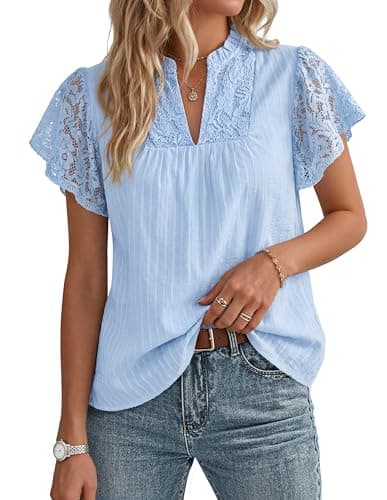 GRACE KARIN Lace Short Sleeve Tops Flowy,Dressy Casual Cotton Blouses Eyelet,V Neck Dress Shirts Trendy Clothing Summer 2026 Light Blue - Image 1