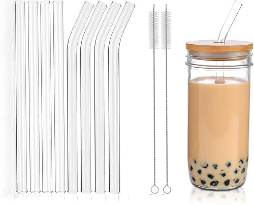 10 reusable high borosilicate glass straws and brushes, size 7 inches x 8 millimeters, including 4 straight pipes, 4 elbows, and 2 cleaning brushes, for juice, coffee, and cocktails - Image 1