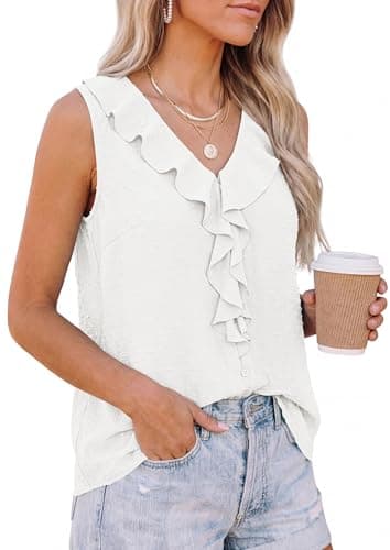 PRETTYGARDEN Womens Tank Tops 2026 Summer Dressy Casual Blouses Sleeveless Ruffle V Neck Swiss Dot Button Down Work Shirts (Off White,XX-Large) - Thumbnail 4