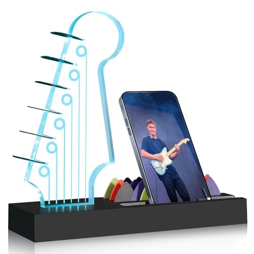 Light Up Guitar Pick Holder—Electric Guitar Headstock Design with 7-Color Changing Lights,Gifts for Music Lovers,Guitar Pick Display and Storage With Wooden Base&Phone Stand,Guitar Accessories. - Image 1