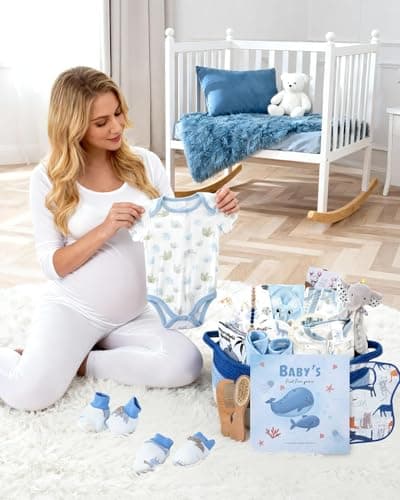 25-Pcs Luxury Baby Boy Gift Basket Set, Blue (0-12M Newborn) | Premium Baby Shower Gifts with Keepsake Memory Book. Ultimate Newborn Essentials in Woven Basket for Unforgettable Welcome Mom Gift - Thumbnail 3