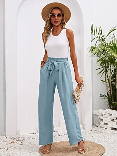 Heymoments Women's Wide Leg Lounge Pants with Pockets Blue Gray XX-Large Lightweight High Waisted Adjustable Tie Knot Loose Comfy Casual Trousers - Thumbnail 5