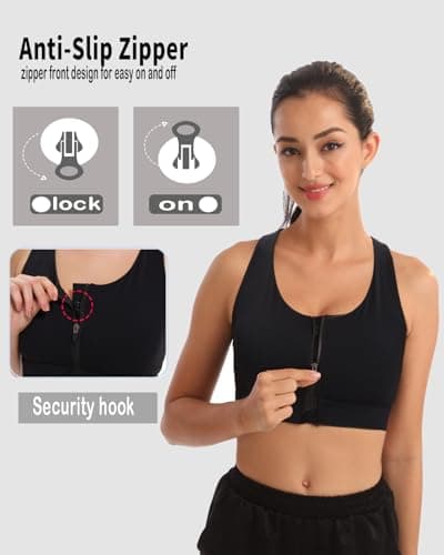 newlashua High Support Sports Bras for Women - High Impact Zip Front Sports Bra Padded Strappy Back Workout Bra XXL Black - Thumbnail 4