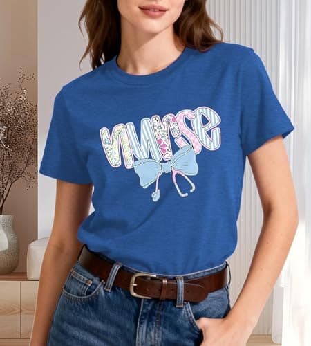 Nurse Shirt Women School Nurseing Tshirt-Bow Stethoscope Teet Ops Vintage Floral Nurse Tee B-Blue - Thumbnail 3