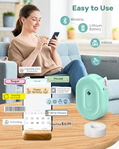 NDYIN Label Maker Machine with Tape, N12 Portable Bluetooth Label Printer, Wireless Mini Label Makers Thermal Sticker with Multiple Templates for Home, Kitchen, School, Office Organization, Green - Thumbnail 3