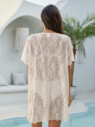 Women's Round Neck Lace Beachdress Coverup, Elegant Floral Swim Coverup, Side Slits Apricot - Thumbnail 6