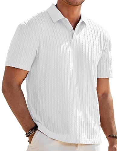 JMIERR Mens Polo Shirt Short Sleeve Casual Beach White Button Up Vacation Knit Shirt Texture, M - Image 1