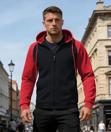 Men's Casual Sweatshirt Lightweight Full Zip Up Drawstring Warm Hoodie Long Sleeve Waffle Knit Jacket with Pocket - Thumbnail 2