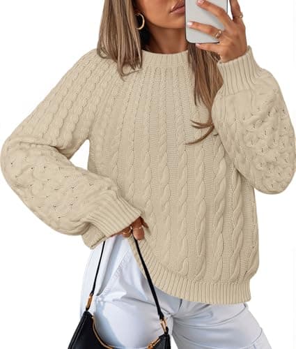 MEROKEETY Women's Fall Cable Knit Sweater 2025 Fashion Warm Crew Neck Lantern Sleeve Chunky Winter Pullover Tops, Apricot, Large - Image 1