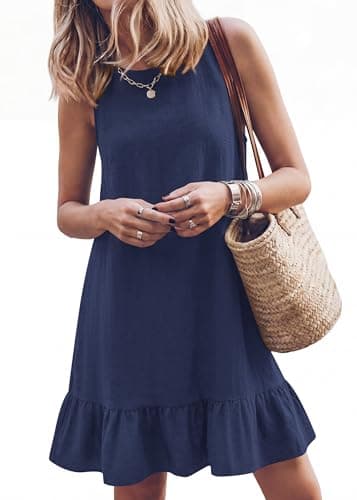 KIRUNDO Womens Summer Sundress Casual Sleeveless Mini Beach Vacation Round Neck Ruffle Hem Bow Tie Back Shift Tank Dress(Navy, X-Large) - Image 1