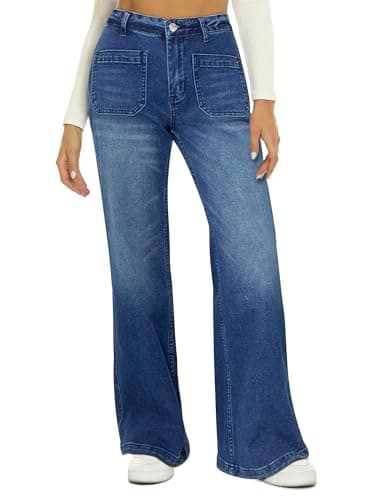 HDLTE Women's Wide Leg High Waist Baggy Jeans - Loose Boyfriend Navy Blue Denim Pants - Image 1