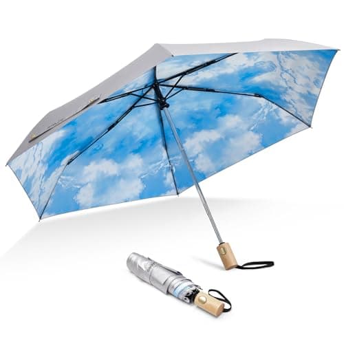 G4Free UPF 50+ UV Protection Travel Umbrella with Wooden Handle, 42 Inch Lightweight Sun Rain Folding Umbrellas Auto Open Close (Sky)
