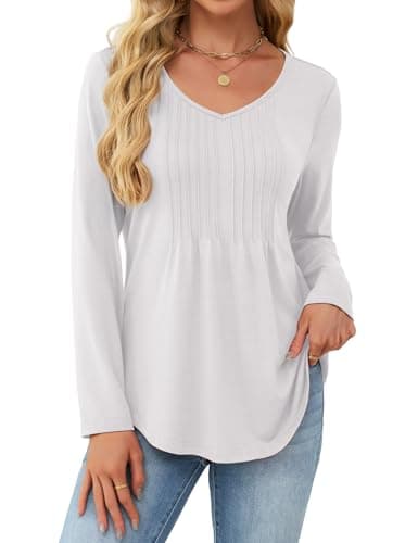JUSTFASHIONNOW Shirts for Women Trendy Long Sleeve Tops Dressy Blouses Pleated Maternity V Neck Shirt Tunics to Wear with Leggings Early Fall Fashion (White, Large) - Image 1