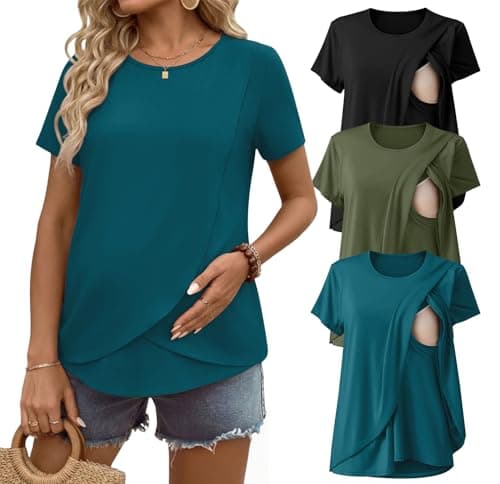 Ekouaer Nursing Shirts 3 Packs Short Sleeve Breastfeeding Tops Summer Maternity T Shirts Postpartum Double Layer Clothes Black/Army Green/Blue Green XXL - Image 1