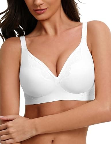 Showyoo Women Seamless Wireless Bra Full Coverage Jelly Bras Comfort V Neck T-Shirt Bra with Lace Trim White M - Image 1