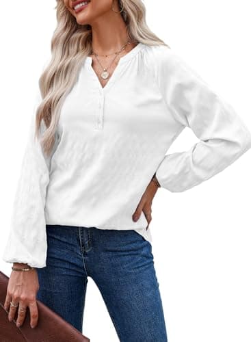 Dokotoo Spring Tops for Women Trendy Fashion Button Down V Neck Flowy White Puff Long Sleeve Business Shirts Casual Textured Solid Blouses Spring Outfits XX-Large - Image 1