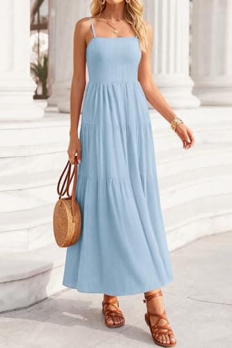 Okiwam Women's Summer Dress 2026 Casual Boho Sleeveless Spaghetti Strap Smocked Maxi Dress Ruffle Long Beach Sundresses-L Blue - Thumbnail 5
