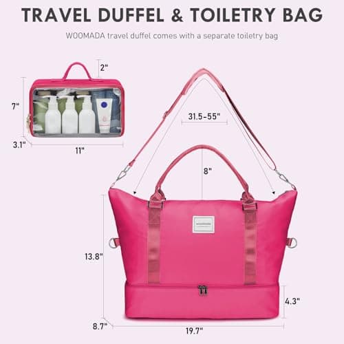 WOOMADA Weekender Overnight Bag for Women, Carry on Shoulder Travel Duffel with Shoes Compartment,Gym Bag with Toiletry Bag(hot pink) - Thumbnail 2