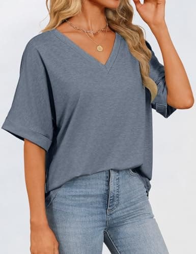 Womens Oversized T Shirts V Neck Loose Fit Shirts Short Sleeve Summer Casual Tops 2025 Trendy Blouses Y2K Plain Tees Grey-Blue M - Thumbnail 3