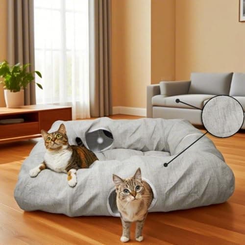 XxingSheep 4 Cave Premium Hemp Fabric XL Cat Tunnel Bed for Indoor Cats Cat Toys Cave Donut with Soft Mat - Image 1