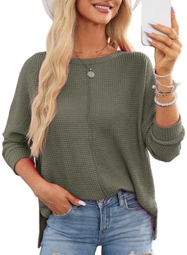 Dokotoo Womens Long Sleeve Tops Plus Size Women Blouses Dressy Casual Fall Outfits for Women 2026 Oversized Shirts Waffle Knit Top Business Casual Outfits Green Blouses XL - Image 1