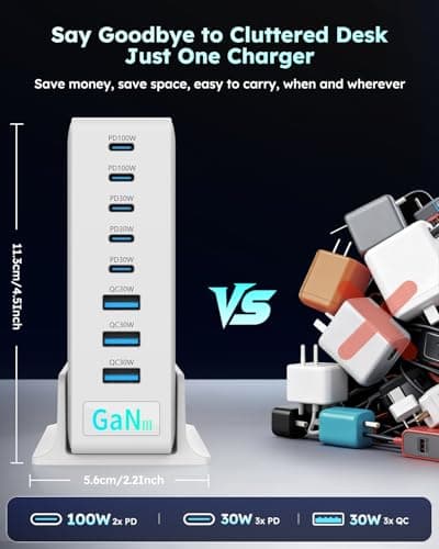 380W USB-C Charger Block, 8-Port USB-C Charging Station PD 30W + 100W PC Laptop, Fast Charging Hub with High-Power Fast Charging Cable for MacBook Pro/Air, DELL, iPad, iPhone, Samsung Galaxy, White - Thumbnail 4