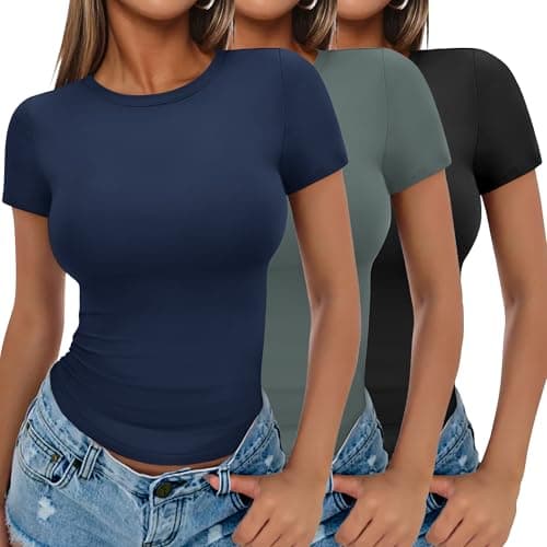 Ekouaer T Shirts for Women Slim Fit Tops Crew Neck Tees Trendy Clothes Base Layer Black/Sage Green/Navy Blue XS - Image 1