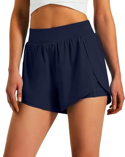 Ksmien Womens 3" Athletic Running Shorts - 2 in 1 Quick Dry Split Workout Gym Shorts with Liner Phone Pockets Navy Blue - Image 1