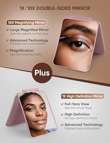 klarh Travel Makeup Mirror with 1X/10X Magnifying, Portable Folding Make Up Tabletop Mirror for Office, Compact Vanity Mirror for Travel (Rose Pink, No LED Lights) - Thumbnail 2
