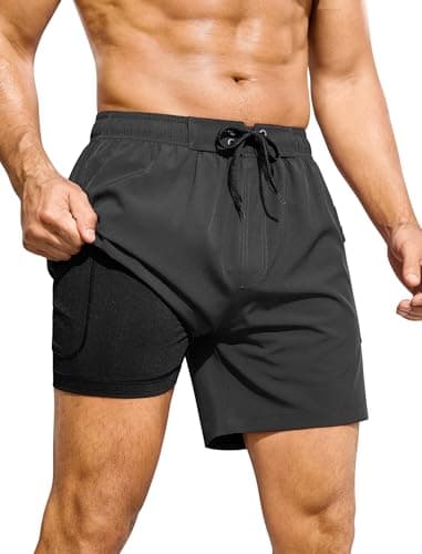 SILKWORLD Mens Swim Trunks 6" Quick Dry Bathing Suit Beach Swimming Shorts with Compression Liner and Zipper Pocket, Black, X-Large - Image 1