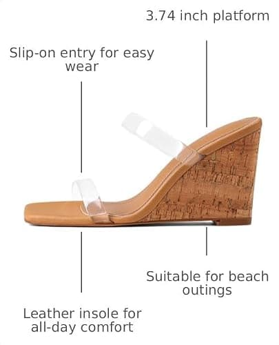 EQAUDES Wedge Sandals Clear Strap Heels for Women - Espadrilles, Square Toe, Vacation, Summer, Two Strap, Slip on, Beach Slides - Thumbnail 3