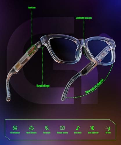 GLOSSIA AI Smart Glasses, Bluetooth Audio Glasses for Men Women, Blue Light Smart Glasses with Noise Cancelling, Hands-Free Calls, Music & Voice Control for Work/Study/Travel, iOS/Android - Thumbnail 6