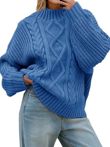 Saodimallsu Womens Oversized Cable Knit Sweaters 2025 Fall Winter Trendy Button Up Turtleneck Chunky Pullover Sweater Tops Blue - Image 1