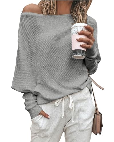 Zenlonr Women's Fall Sweaters 2026 Casual Long Batwing Sleeve Loose Off Shoulder Knit Pullovers Jumper Tops(Grey,Medium) - Image 1