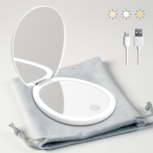 Funtoouch Travel Makeup Mirror with Light - LED Compact, Magnifying, 2-Sided, 3 Color Lights, Cosmetic Mirror, Small Enough for Purse - Image 1