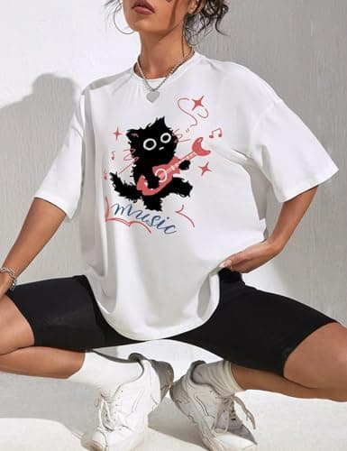 Women's Vintage T-Shirt Y2K Cat Graphic Harajuku Tee Tops Grunge Streetwear Clothes Baggy Cute Emo Cotton Shirts(White-M) - Thumbnail 4