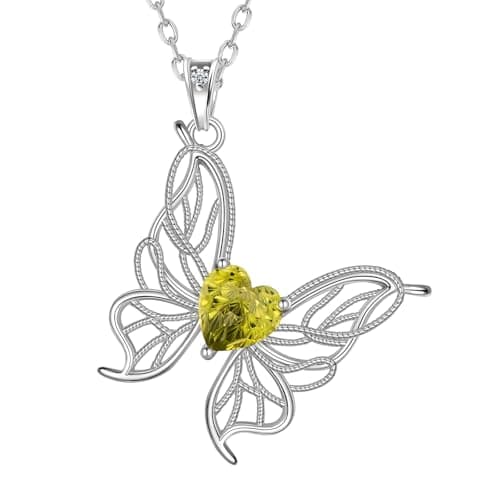 Filigree Butterfly Birthstone Pendant Necklace - 925 Sterling Silver Firework-Cut Heart Cubic Zirconia Twine Butterfly Necklace Anniversary Birthday Jewelry Gift for Women Wife Mom Daughter (08-August) - Image 1