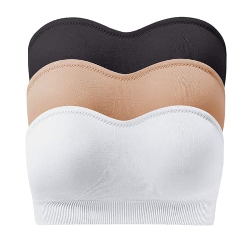 DD DEMOISELLE 3 Packs Strapless Bra, Wedding Bandeau Tops for Women, Wireless Non-Slip Seamless Bras, Black+Beige+White，XL - Image 1