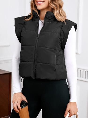 Tankaneo Womens Cropped Puffer Vest Cap Sleeve Zip Up Puffy Qulited Jacket Stand Collar Padded Gilet Coat Winter Outerwear - Thumbnail 4
