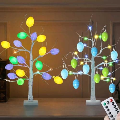 Easter Decorations Set of 2 Lighted 24 Inch Artificial Tree with 24pcs Easter Eggs, Colorful Easter Decor LED Lights, Light Up Tabletop Bonsai Tree for Table Home Holiday Spring Decors - Image 1
