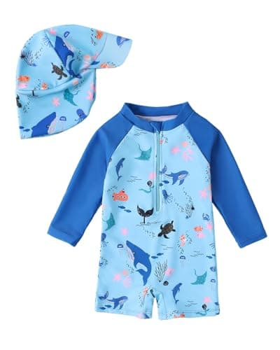 WYTbaby Baby Boy Rash Guard Swimsuit Set with Sun Hat, Long Sleeve One Piece Zipper Sunsuit for Infant Toddler 0-3 Months Blue Shark - Image 1