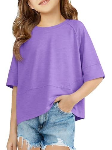 Humordream Girls Shirts Kids Raglan Short Sleeve T Shirts Summer Crewneck Oversized Crop Top Basic Tees 5-14Y Purple - Image 1